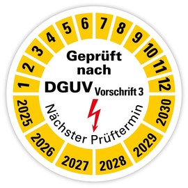 Test Badge Label "Tested according to DGUV Regulation 3 | 2025-2030" Next Test Date Foil Yellow | Diameter 20-40 mm Made in Germany, Size: Diameter 20 mm, Number of Item Packages: 100 Pieces