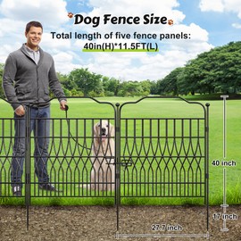 Bepatio 5 Panels Garden Fence with Latch - Total 40in(H) x 11.5ft(L) Dog Fence Outdoor for Yard, Arc Fencing Panels, Durable Metal Fencing & Garden Borders, Easy Set-Up, Black