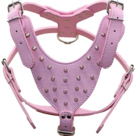 haoyueer Leather Spiked Studded Medium & Large Dog Collars, Harnesses & Leashes 3Pcs Matching Set for Pit Bull,Mastiff, Boxer, Bull Terrier(Pink,XL)