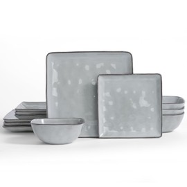 Famiware Dinnerware Sets for 4, Ocean Square 12-Piece Kitchen Plates and Bowls Sets, Reactive Glaze, Microwave and Dishwasher Safe, Scratch Resistant, Grey
