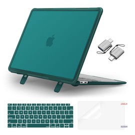 MOSISO Compatible with MacBook Air 13 inch Case 2022, 2021, 2020-2018 A2337 M1 A2179 A1932, Heavy Duty Shockproof Plastic Hard Case with Fold Kickstand&Keyboard Skin&Screen Film&Type C, Teal Green