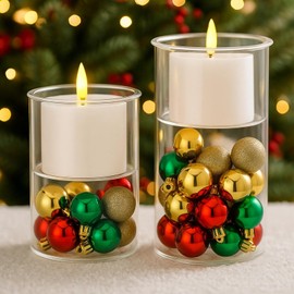 Domensi 2 Pcs Glass Christmas Flameless Candles 4"/7" Votive Candle Holders with Festive Ball Ornaments Battery-Operated Tealights for Xmas Table Centerpiece Fireplace Wedding Indoor Decor