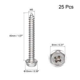 sourcing map Phillips Hex Washer Self Tapping Screws, M5 x 40mm 304 Stainless Steel Hex Flange Sheet Metal Screw 25pcs