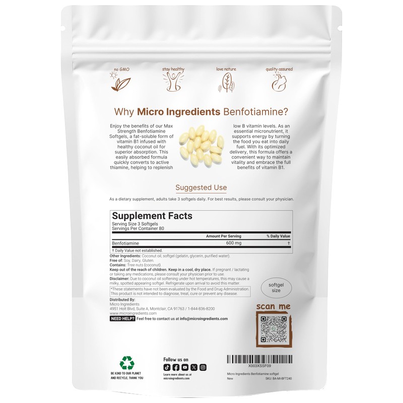 Micro Ingredients Vitamin B1 Benfotiamine 600mg Per Serving, 240 Coconut
