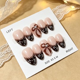 Short Almond Nails Press ons Brown Fake Nails with Bow Floral Design