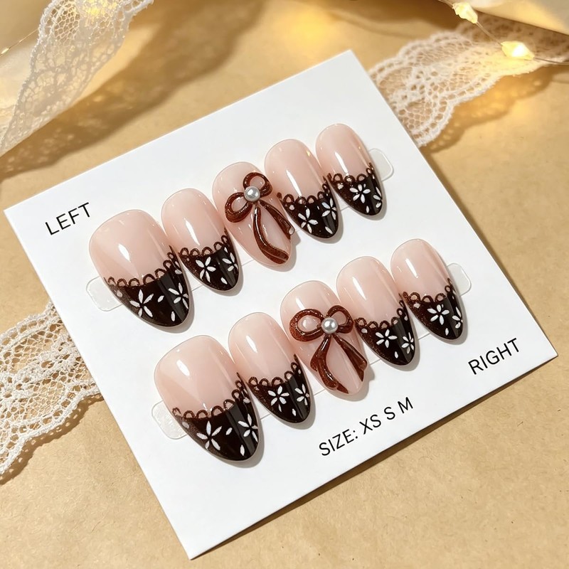 Short Almond Nails Press ons Brown Fake Nails with Bow