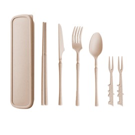 Cutlery Set Reusable Utensil Set With Case,Portable Camping Fork Knife Spoon Set Portable Cutlery For Adults, School Work Lunch Or Daily Use (Beige)