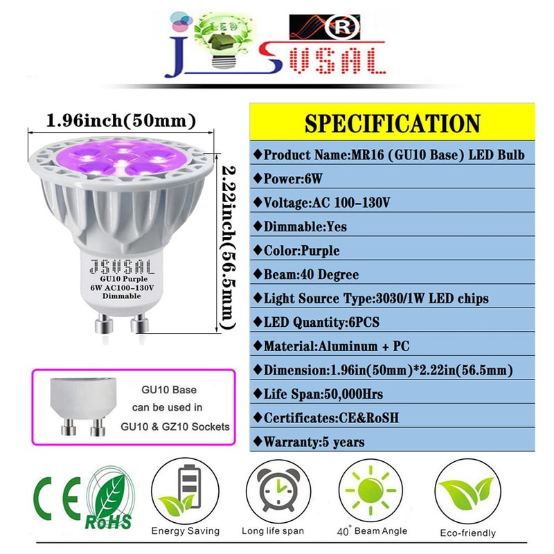 JSVSAL MR16 (GU10 Base) LED Light Bulb,Dimmable,120-Volt,Purple, 6-Watt(50-Watt Equivalent), Aluminum