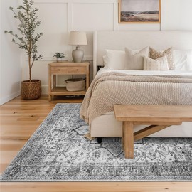 YIHOUSE Vintage Rug 8x10, Washable Grey Rug for Living Room, Non Slip Indoor Thin Rug, Gray Retro Distressed Boho Rugs for Bedroom, Dining Room Office