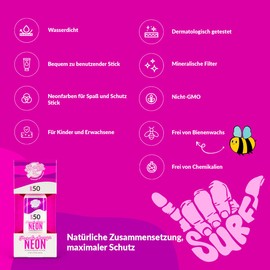 Shaka Sun - Mineralischer Sonnencreme I SPF 50+ I Sonnenschutz Stift I Natürliche Zinkoxid I für Kinder und Erwachsene I Gegen Alle Strahlenarten UVA und UVB I Wasserfest I NEON Violett