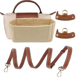 VEGCOO Bag Organizer and Shoulder Strap Set, Longchamp, Mini Bag Organiser, Adjustable Buckle Strap, No Perforation, Multi-Compartment Felt Organizer (Khaki - None