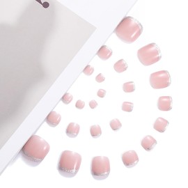 Handcess French False Toenails Nude Glossy Press on Toe Nail Ballerina Fake Toe Nails Full Cover Acrylic Toe Nail Art Tips for Women Girls 24Pcs