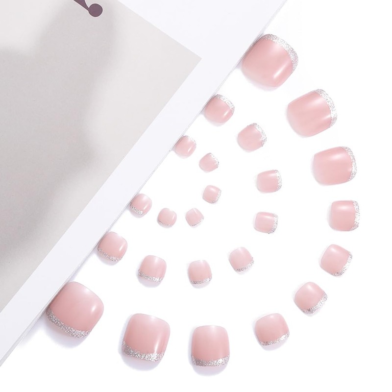 Handcess French False Toenails Nude Glossy Press on Toe Nail