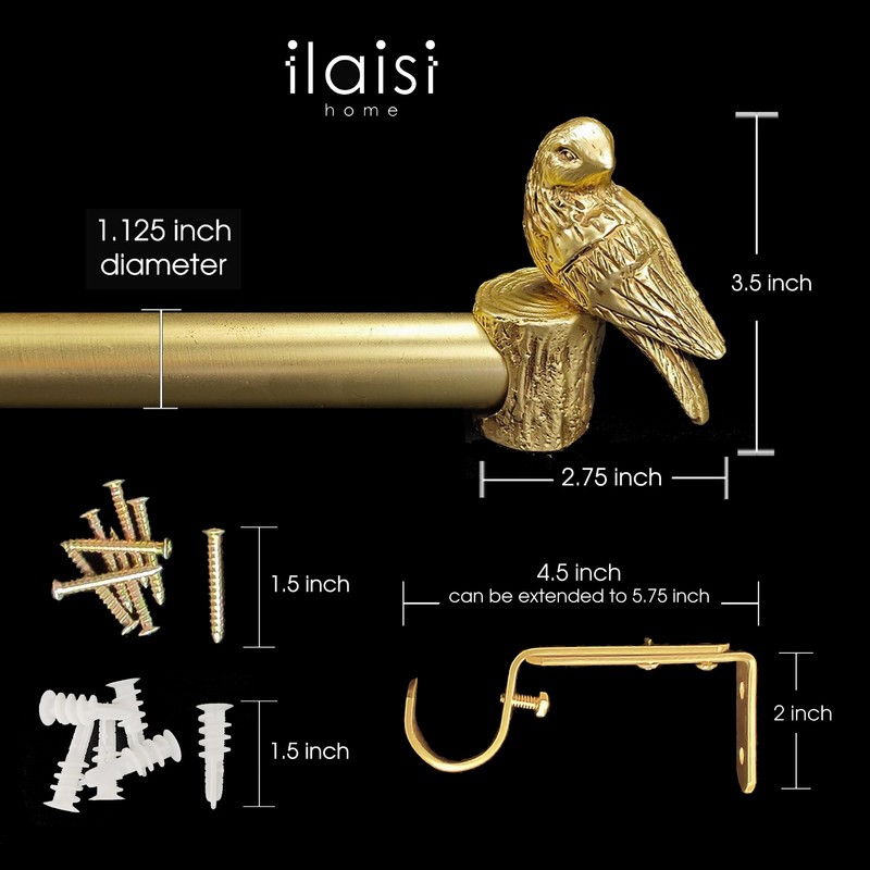 ILAISIHOME 1-1/8 Inch Diameter Brushed Gold Curtain Rod with Bird