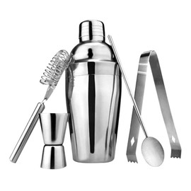 5PCS Cocktail Mixing Set Stainless Steel 750ML Cocktail Shaker Spoon Measuring Jigger Clip and Filter for Bar