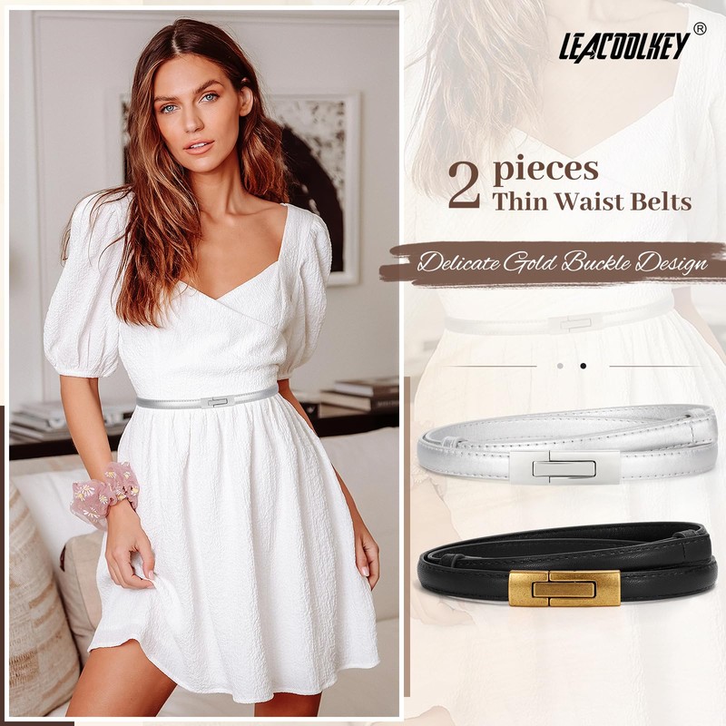 LEACOOLKEY Women Skinny Belts Leather Thin Waist Belts for Dress