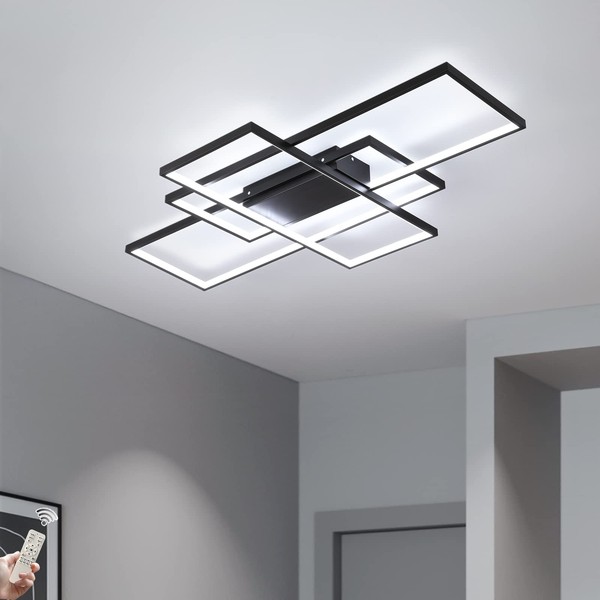 GEADI Modern LED Ceiling Lights, Black Dimmable Rectangular Chandelier 68W Flush Mount Ceiling Lamp with Remote 3 Squares Ceiling Light Fixtures for Living Dining Room Bedroom Kitchen, 41.3in