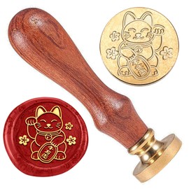 DELORIGIN Lucky Cat Wax Sealing Stamp 1" Brass Wax Seal Stamp Cute Lucky Cat Removable Wax Stamp Head with Wooden Handle for Wedding Party Invitation Gift Wrapping Envelopes Wine Package Decor