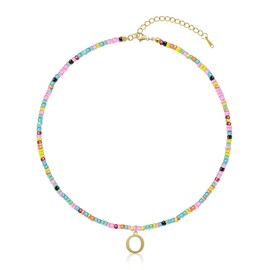 Yifnny Colorful Beaded Initial Necklaces, Letter Pendant Summer Beach Necklace Boho 18K Gold Plated Jewelry Gold Initial Rainbow Beaded Necklace Colorful Beaded Choker for Women (O)