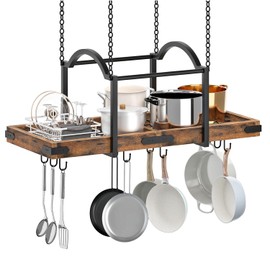 HOOBRO Pot Lid Holder, Hanging Pot Rack, Kitchen Shelf with 10 S Hooks, Ceiling Mounted Pot Organiser, Hanging Shelf with Arch Frame for Pots and Kitchen Utensils, Pan Holder for Kitchens EBF80TL01