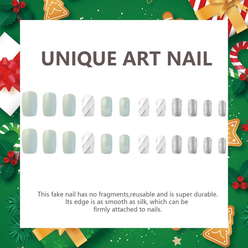 Square Christmas False Nails - 24PCS Short Press on Nails