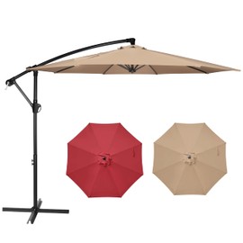 YSSOA 10ft Cantilever Patio Umbrella, Offset Hanging Outdoor Market Umbrellas with Cross Base and Crank for Garden, Lawn and Deck, Tan