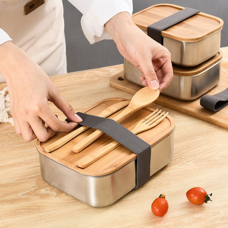 Stainless Steel Bento Lunch Box Metal Containers Wood Lid with