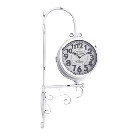 White Wrought Iron Vintage-Inspired Train Railway Station Style Round Double Side Two Faced Wall Hanging Clock - 25.5 inches Tall Old Town Clocks -  White with Decorative Rust - Spinnaker Collection