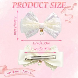 SAWINDA White Lace Hair Bows Tulle Bows for Hair Pearl Rhinestone Hair Bow Clips Hair Ribbons for Teens Girls Cute Alligator Hair Barrettes Flower Girls Wedding Decor Accessories 2 Pack