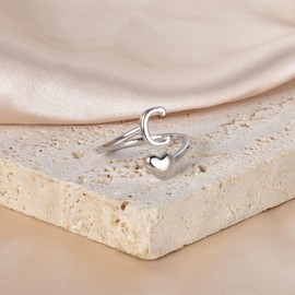 SILBERTALE 925 Sterling Silver Heart Ring with Letters Adjustable Size 50 to 58 Initial A-Z Letter Ring Individual Fashion Jewellery with Gift Box, Silver
