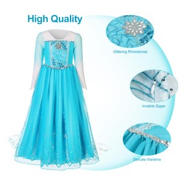 Pollen Elsa Girls' Princess Costume, Princess Dress Elsa Children's Dress, 8-Piece Set with Crown, Tiara, Gloves, Wand etc. for Wedding, Cosplay, Carnival, Wedding, Birthday Party 120