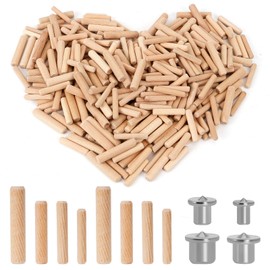 500 PCS Wooden Dowels Assorted, 5mm 6mm 8mm 10mm Wooden Dowels Pins with 4 Centring Pins, Woodwork Grooved Fluted Pin for Craft Project Furniture Carpentry