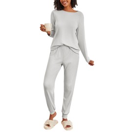 Ekouaer Womens Ribbed Knit Pajama Sets 2 Piece Jogger Pjs Long Sleeve Sleepwear Round Neck Soft Lounge Sets with Pockets Light Grey Small