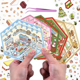 6 Sets DIY 3D Fun Mini Animal House Scene Stickers with Tweezers Make Your Own Rabbit Dog Capybara Bear Shop Sticker Scenes Cute Micro Stickers for Relief Stress Pass The Time