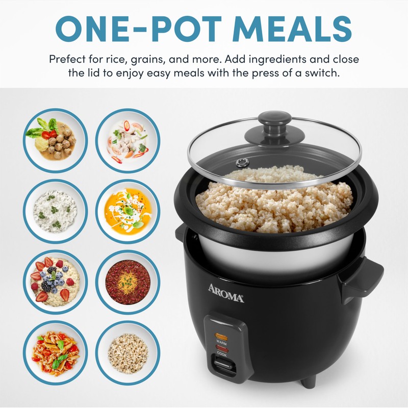 Aroma Housewares 1.5Qt. Rice & Grain Cooker (ARC-363NGB),Black,6-Cup Cooked /