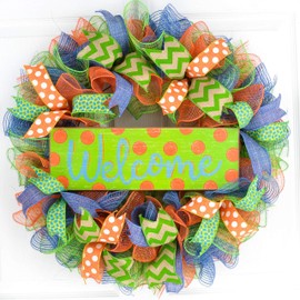Green Summer Spring Welcome Deco Mesh Wreath | Orange Lime Green Denim Blue Jean Blue