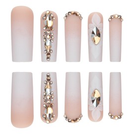 Press on Nails Long Coffin Fake Nails Pink White Ombre False Nails with Gold Rhinestones Designs Glue on Nails Full Cover Matte Acrylic Artificial Nails Luxury Flower Stick on Nails for Women 24 Pcs
