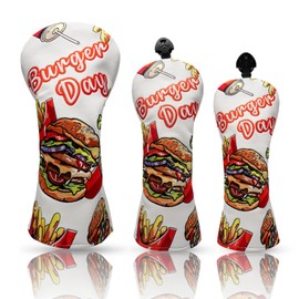 3 Pack Golf Club Head Covers, Funny Golf Headcovers for Drivers, Fairway Woods, Hybrids, Golf Club Set with Classic Burger Fries Design, Premium PU Leather and Advanced Embroidery for Most Brands