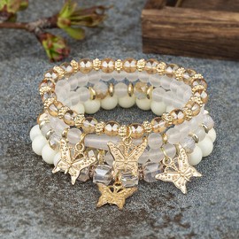 Azusa Sun 4 Pcs Cute Butterfly Charm Beige Bracelets Set Gold Plated Beaded Stackable Stretch Bracelets Bohemian Summer Jewelry for Women