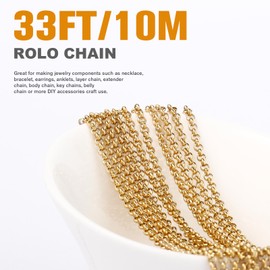 33FT 18K Gold PVD Plated Rolo Chains Roll, 2.5mm Gold Stainless Steel Round Rolo Chain Spool Bulk for Jewelry Making