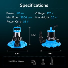 Hexago Automatic Pool Cover Pump–1/3 HP, 120V Submersible Pump with Check Valve Adapter & 33ft Extra-Long Power Cord, 2300 GPH Water Removal for Pools, Hot Tubs, Rooftops, and Water Beds