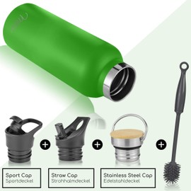 Milu Stainless Steel Drinking Bottle 350 ml 500 ml 750 ml 1000 ml (+ 3 Lids) Thermos Bottle with Straw, Insulated Water Bottle, Leak-Proof Insulated Flask, Double-Walled (Apple Green, 750 ml)