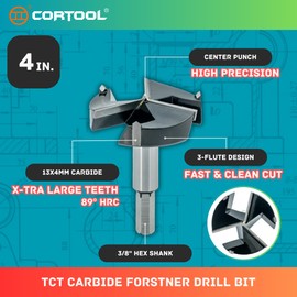 CORTOOL 4 Inch Forstner Drill Bit, Triple-Flute Carbide Tipped Forstner Bit for Hard Wood, Soft Wood, Veneered Plywood, Plastic, Drilling Hole Saw Woodworking Hinge Cutter Tool