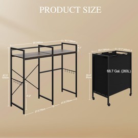 DWVO Over Washer and Dryer Shelves, Laundry Basket with Wheels 68.7 Gal. (262 L), Rolling Laundry Hamper with Shelf/Hooks, Over Washer Storage Portable Laundry Cart Bathroom Organization, Black