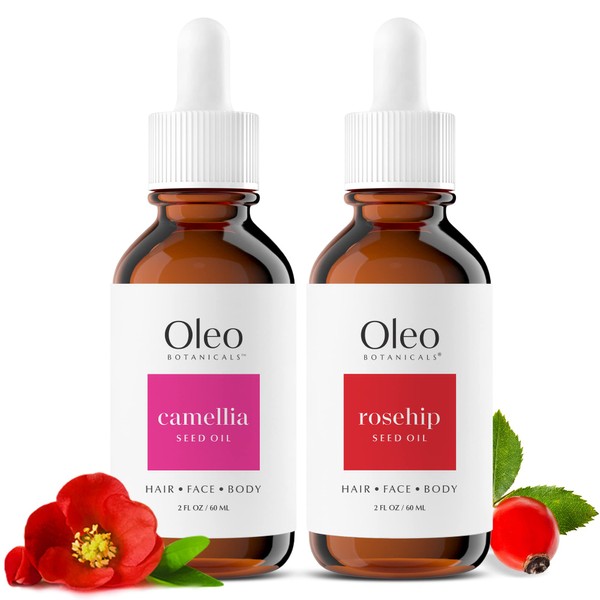 Oleo Botanicals Japanese Camellia Seed Oil (Tsubaki Oil) & Rosehip Seed Oil - Two Bottles - 100% Pure, ColdPressed, Organic, Unrefined, Hair, Face, Body - Rich in Vitamin E - 60ml
