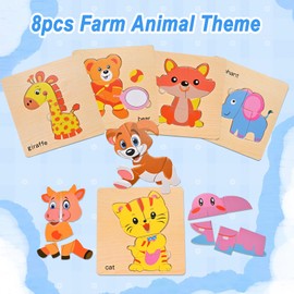8pcs Wooden Puzzles for Toddlers 1 2 3 4, Toddler Puzzles Ages 1 2 3 4, Montessori Educational Jigsaw Toys Preschool Puzzles Christmas Birthday Gift for Kids Girl Boy 1-4 Year Old (Zoo Animals)