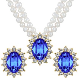 Sisslia Necklace and Earring Sets for Women Girl Freshwater Cultured Pearl Necklce Crystal Gem Earring Sets Rhinestone Jewelry Gifts Fashion Bridal Jewelry Set for Wedding Party Anniversary Mother's Day Mom Birthday Christmas, 13.7" + 2.7", Yellow Gold, 