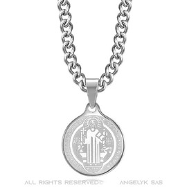 BOBIJOO JEWELRY - Round Collar Saint Benedict Protection Steel 316L Silver Chain Pendant, Stainless Steel