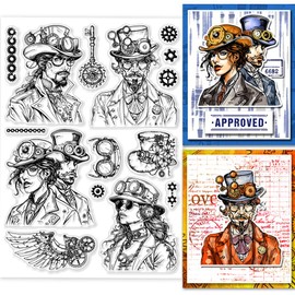 GLOBLELAND Steampunk Gentleman Clear Stamps for Cards Making Gear Clear Stamp Seals 5.83x8.27inch Transparent Stamps for DIY Scrapbooking Photo Album Journal Home Decoration