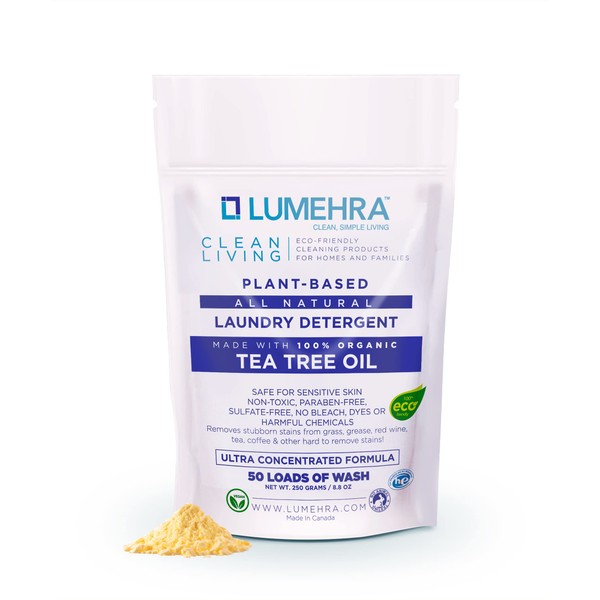 LUMEHRA Plant Based Natural Laundry Detergent-Alternative to Harmful Chemicals Removes Tough Stains Eco-friendly & Biodegradable Safe for Families, Kids, Baby (Tea Tree Oil and Lemon, 250 Grams-50 Washes)
